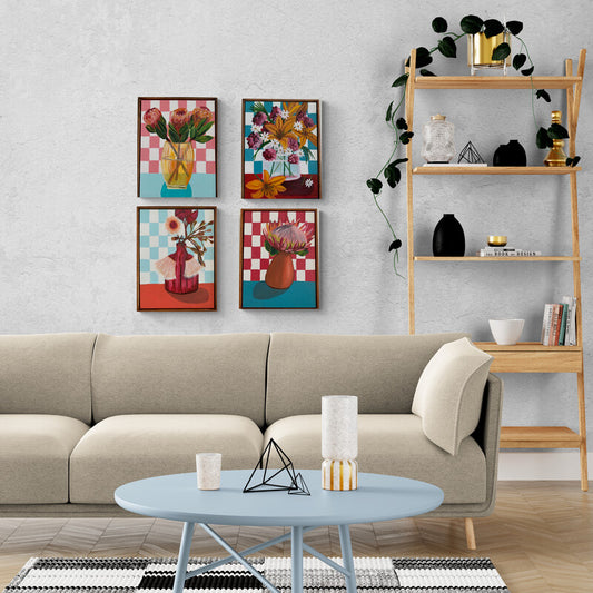 'Checkers and Flowers' Framed Original Painting